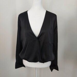 Good American Size Medium Black Satin Faux Wrap Long Sleeve Top NWT